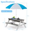 3-in-1 Kids Outdoor Wooden Picnic Table With Umbrella; Convertible Sand & Wate; Gray