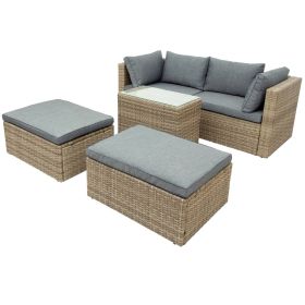 Backyard Pool Outdoor Furmiture 5-Piece Rattan Sectional Sofa Set (Color: Gray)